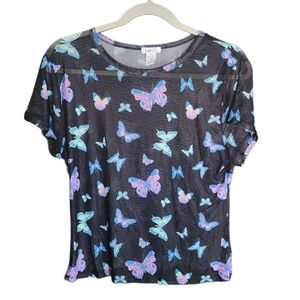 Rue21 Butterfly Mesh Top XL Sheer Short Sleeve Y2K Aesthetic Fairy Grunge